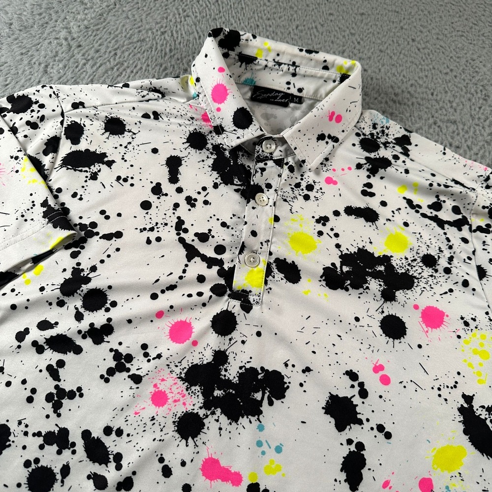 Sunday Swagger Polo‎ Mens M Paint Splatter Print Short Sleeve Golf Shirt White